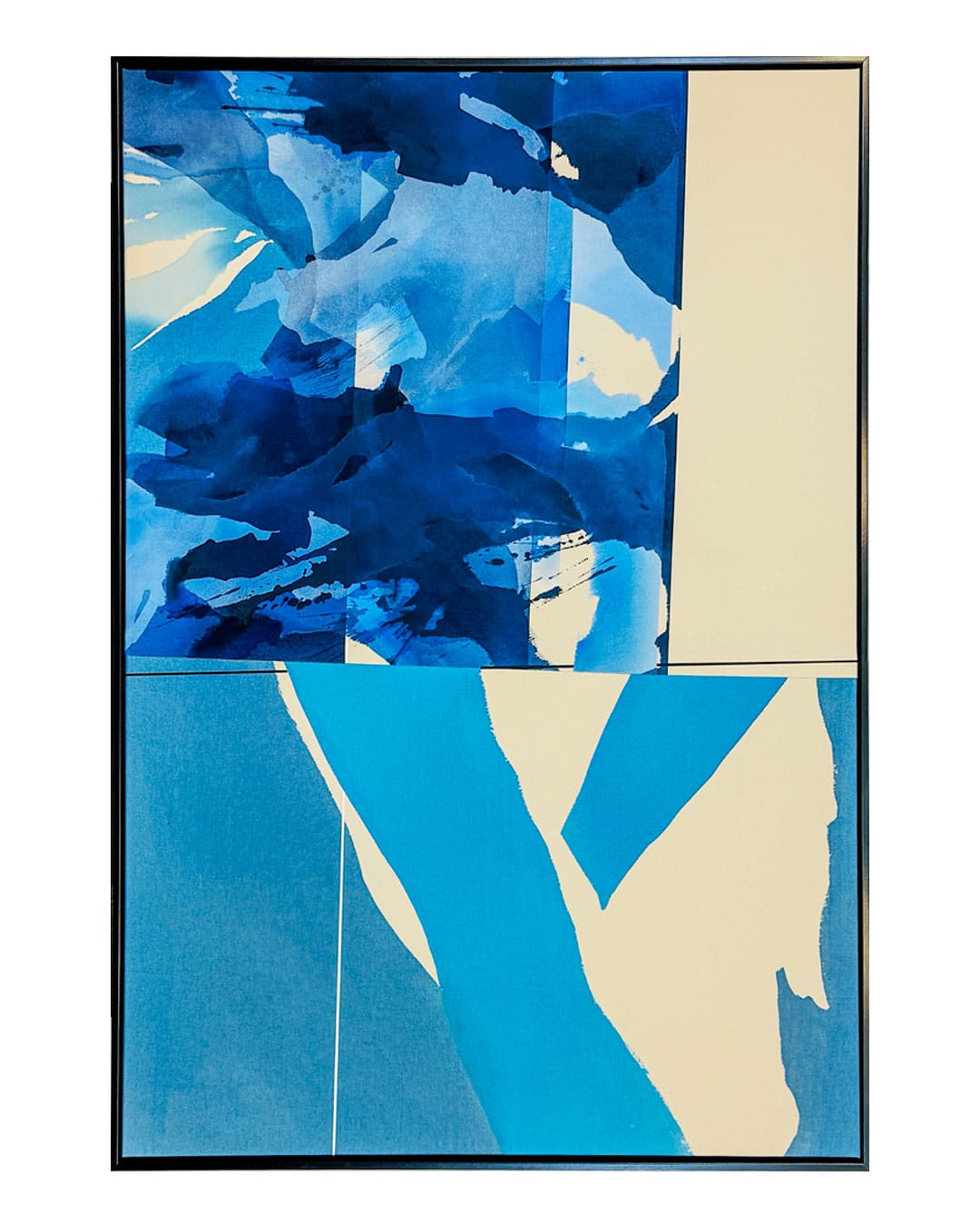 Vivid blue abstract painting with geometric and organic shapes, modern artwork for interior decor. 